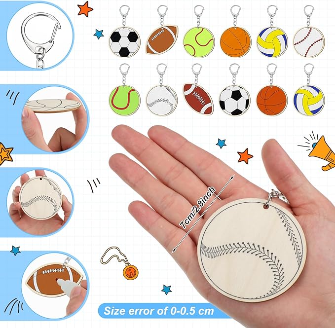 Trnayi 36 Pcs Color Your Own Sports Ball Keychains Crafts for Boys Girls Unfinished Wooden Football Basketball Soccer Crafts Blank Wood Painting DIY Crafts for Home Classroom Activities Project Decor