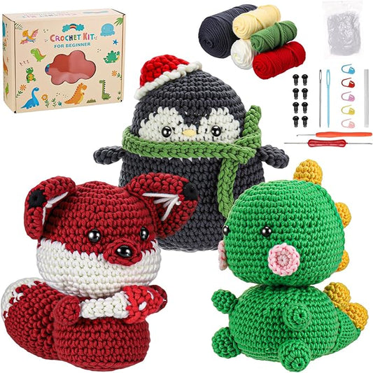 Crochet Kit for Beginners Kids - 3 Pack Animal Beginner Crochet Kit for Kids Adults Teens, Amigurumi Craft Knitting Supplies Set with Step-by-Step Video Tutorials, DIY Crocheting Gifts for Crocheters