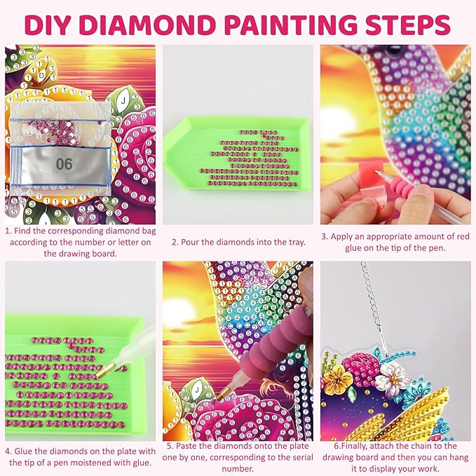 MEIYUDA Valentine's Day Diamond Art Hanging Kits for Adult, Flowers Hummingbird Diamond Painting Kits Ornaments, DIY Love Special Shaped Rhinestone Window Pendant kit for Home Garden Wall Decor Gift