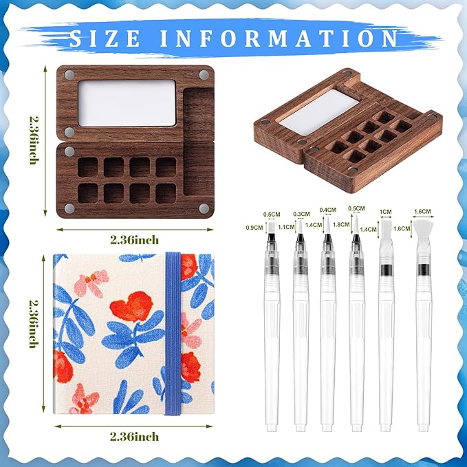 Qilery Mini Portable Watercolor Palette Set Wooden Grid Paint Box Watercolor Paper Sketch Book Brush Pens with Binder Clip for Painters Artist Not Include Paint(Azalea)