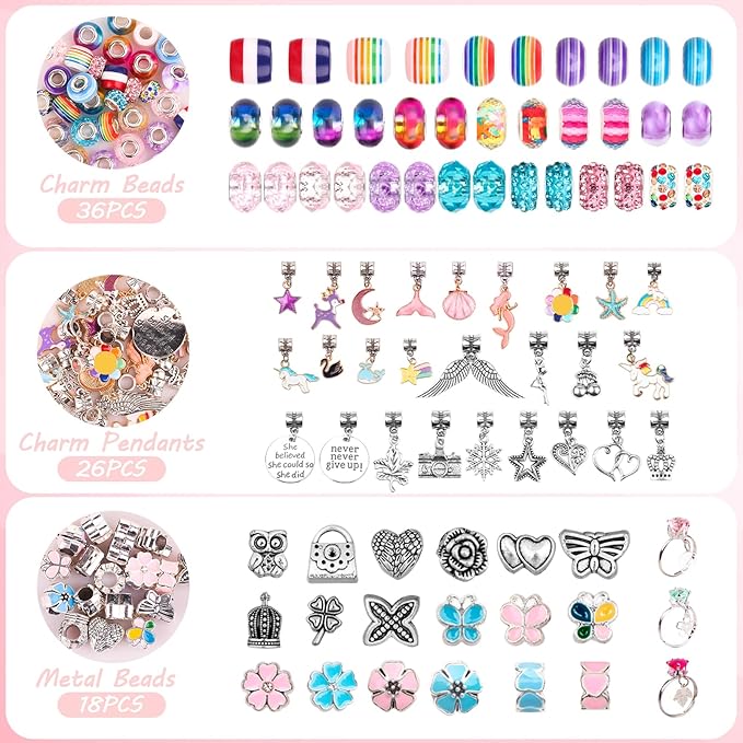 UFU Charm Bracelet Making Kit, 95Pcs Jewelry Making Kit Craft Gift for Girls 5 6 7 8-12, A Sweet Birthday Gift to Inspire Imagination & Creativity, with Portable Jewelry Box