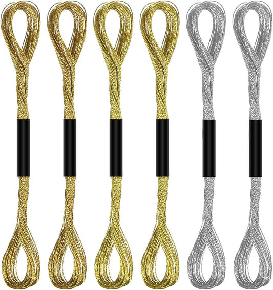 6 Skeins Metallic Embroidery Thread Polyester Cross Stitch Floss Hand Embroidery String for Sewing Making Yarn Accessories Craft String Art Supplies, Gold+Yellow+Silver