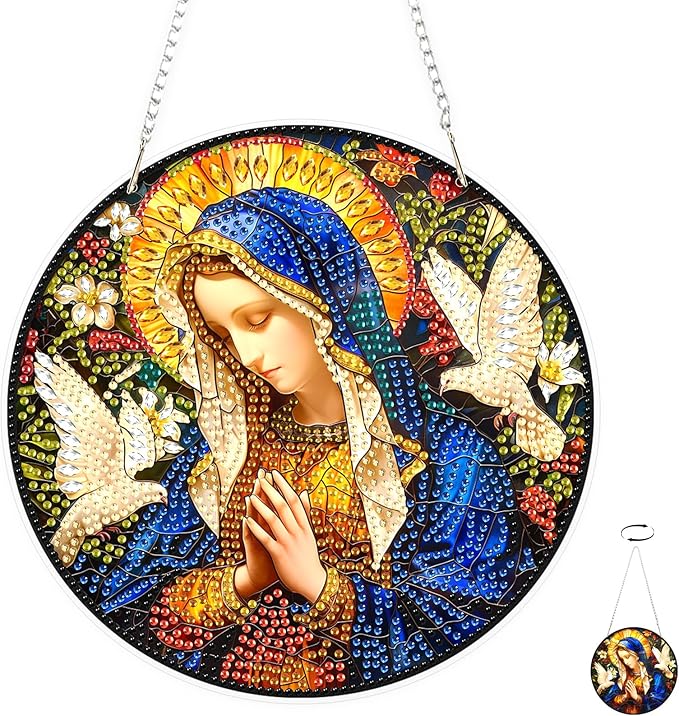 TOSTOG Virgin Mary Diamond Art Hanging Kits for Adults, Religious Artwork Diamond Painting for Adults Window Pendant, Special Shape Diamonds Diamond Painting Hanging Pendant Kit for Home Decor Gift