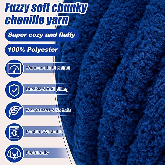 Chunky Yarn for Hand Knitting, Jumbo Chunky Yarn for Crocheting, Chunky Chenille Yarn, 1 Pack (32 yds 8.5 oz Each Skein),#7, Navy