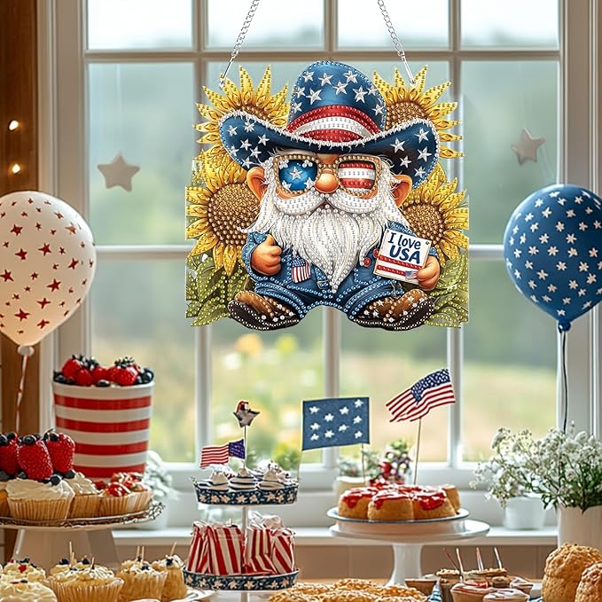 Bowetile Independence Day 5D Diamond Art Hanging Gnome Kits for Adults, 4th of July Diamond Painting Sunflowers Window Pendant Kits, Special Shape Gem Art Suncatcher Ornament for Home Wall Decor