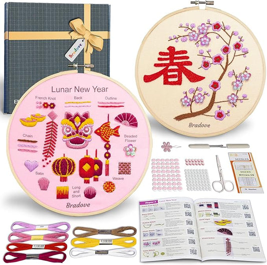 bradove lunar new year beginners embroidery kit for adults kids, learn to embroider oriental patterns, stitches kit, bead embroidery kit, beginner embroidery practice
