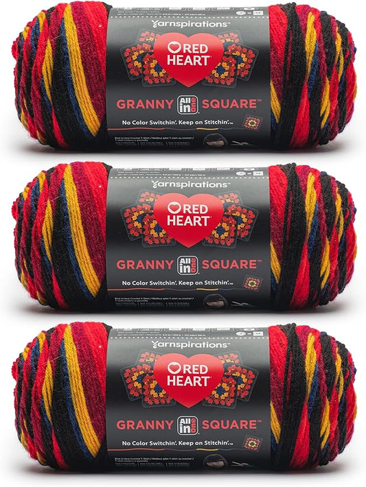 Red Heart All in One Granny Square Black- Moody Cherry Yarn - 3 Pack of 250g/8.8oz - 100% Acrylic - #4 Worsted (Medium) - 381m/417Yards - for Knitting, Crochet and Amigurumi