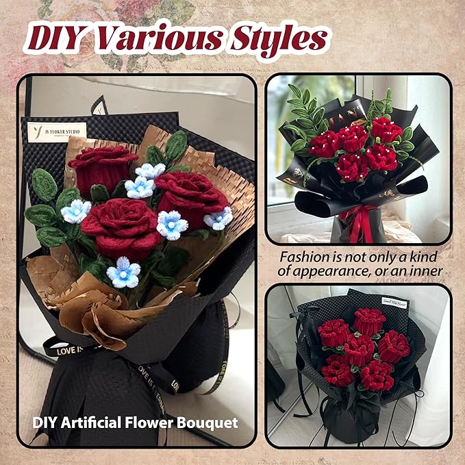 300 Pcs Thick Pipe Cleaners,Craft Supplies Floral Bonquet,DIY Flower Making Kit for Starter with Floral Wires, Gardening Tape,Stamen (RED+Green)