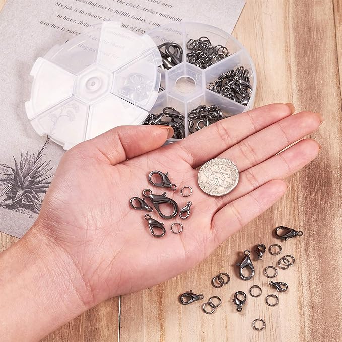 PH PandaHall Pandahall 1 Set Jewelry Making Kit with Zinc Alloy Lobster Claw Clasps and Open Jump Rings for Bracelet Necklace Jewelry Making (Gunmetal)