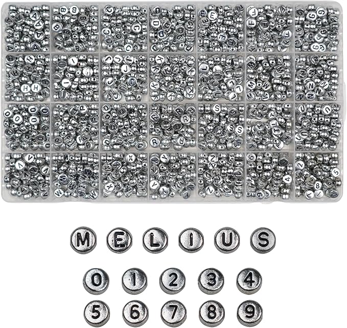 Melius Acrylic Silver Letter Beads, 1450 Pcs 4x7mm Round Alphabet Beads in 28 Grid Box for Jewelry Making, DIY Bracelets, Necklaces, Key Chains, Bracelets
