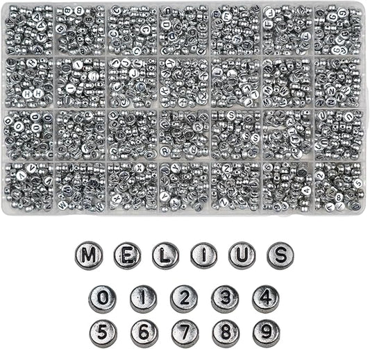Melius Acrylic Silver Letter Beads, 1450 Pcs 4x7mm Round Alphabet Beads in 28 Grid Box for Jewelry Making, DIY Bracelets, Necklaces, Key Chains, Bracelets