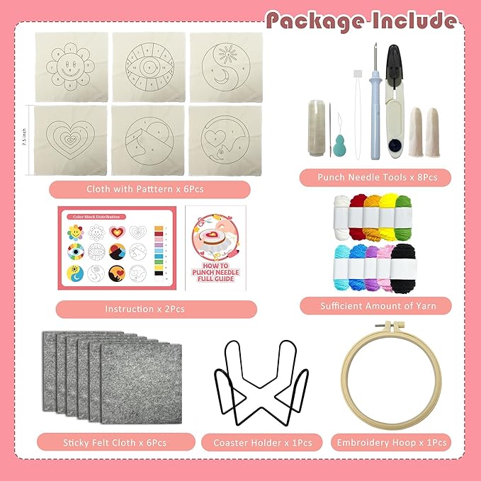 SEREDH Punch Needle Coasters Kit for Beginners Adults Easy Needle Punch Embroidery Kit Set Threader Instruction Fabric Hoop Yarn Tufting Coaster DIY Making,Coaster Holder Coaster Art Craft Supplies
