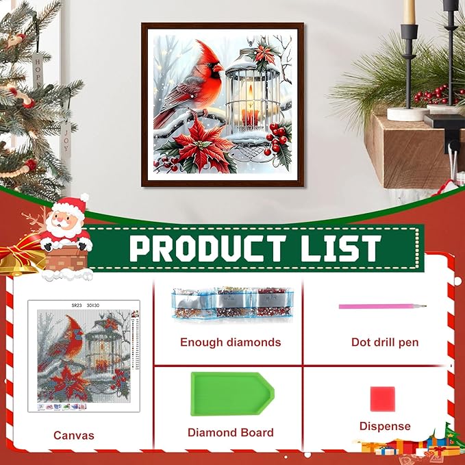 EMIEAUFG Christmas Diamond Art Kits for Adults, Winter Cardinal Diamond Paiting Kit for Beginners, 5D DIY Round Full Drill Craft Diamond Dot Gem Art, Home Wall Decor 12" x 12"