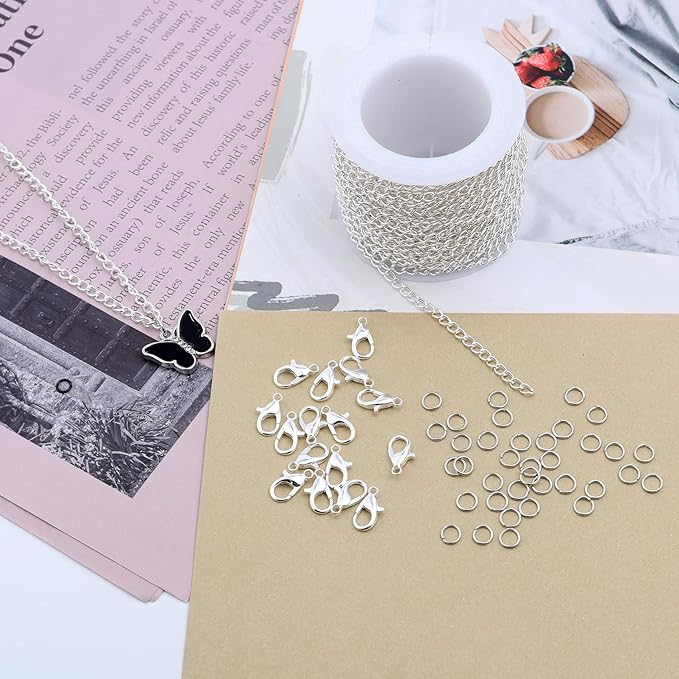 Lemonkey 33 Feet Metal Silver Necklace Chains Curb Links Chains Bulk for Jewelry Making DIY Craft Kit with Lobster Clasps Jump Rings