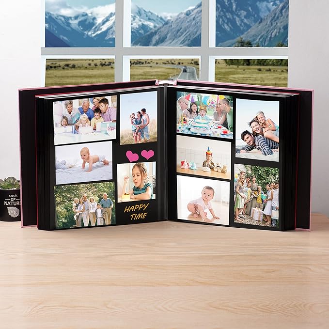 Large Photo Album Self Adhesive 4x6 5x7 3x5 8x10 Scrapbook Magnetic Album DIY Scrap Book Length 13 x Width 12.8 (Inches) 120 Black Sticky Pages Linen Cover DIY Photo Album(Pink)