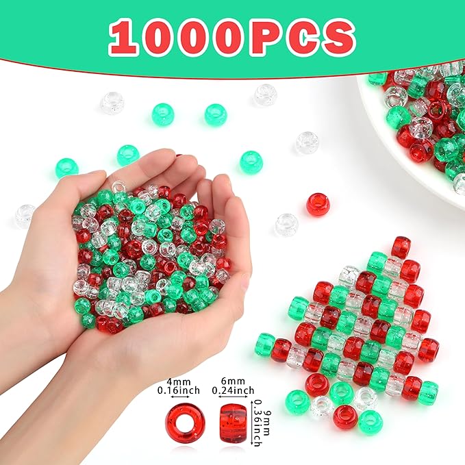 1000 Pcs Christmas Pony Beads Plastic Bead for Bracelets Christmas Beads for Jewelry Making Transparent Red Transparent Green White Pony Bead for Crafts