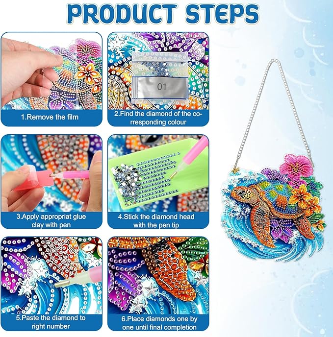 RICUVED Hanging Diamond Art Kit Turtle, Special Shaped Crystal Craft Sea Diamond Painting Pendant Kit for Adults Beginners, DIY Flowers Hanging Diamond Art Ornament Kit for Home Garden Decor