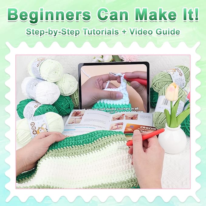 Reessy Crochet Blanket Kit for Beginners Adults – Gradient Green Ombre Throw Blanket Kit with Soft Chenille Yarn, Hooks & Instructions – Handmade Crochet Starter Set for Adults