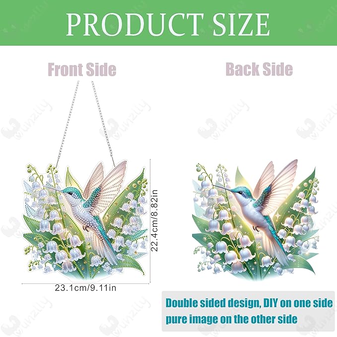 Yunzlly DIY Hanging Diamond Art Pendant Kit, Special Crystal Double Sided Diamonds Painting Ornament Kit for Adults, Acrylic Gem Painting Board for Window&Door&Wall (Hummingbird)