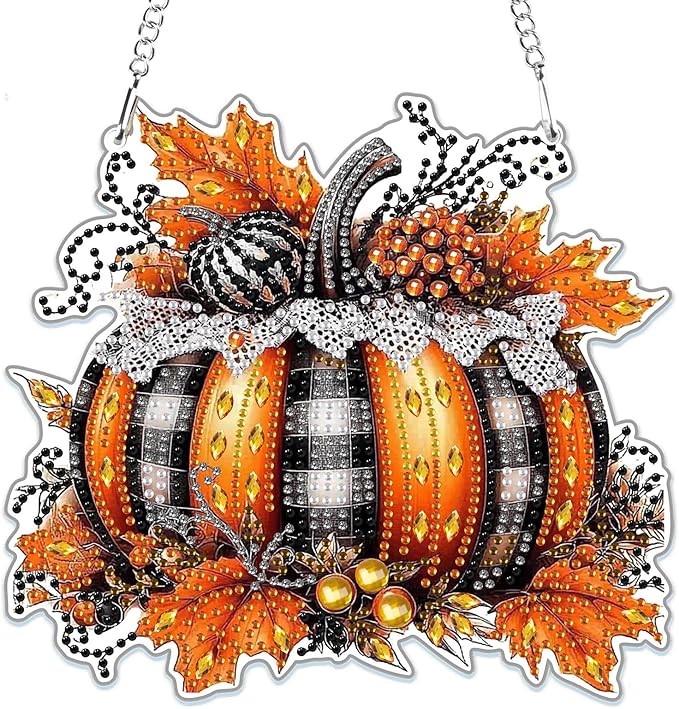 MOGTAA Fall Pumpkin Diamond Art Hanging Pendant Kits, Pumpkin Diamond Art Kits for Adults, 5D Special Shape Diamond Painting Gem Art for Home Garden Wall Decor