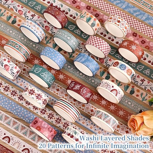 20 Rolls Bohemia Theme Washi Tape Set,Writable Decorative Tapes for Scrapbooking, Junk Journal Supplies, Bullet Journaling, 0.6"x79" per Roll