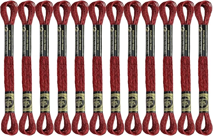12 Skeins Embroidery Floss, Deep Red Metallic Embroidery Thread Polyester Cross-Stitch Threads for Hand Embroidery String Art DIY Creation