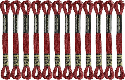 12 Skeins Embroidery Floss, Deep Red Metallic Embroidery Thread Polyester Cross-Stitch Threads for Hand Embroidery String Art DIY Creation