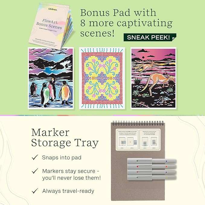 Lifelines FlowArt Activity Pads, 2-Pack with 8 Double-Sided Markers, 40 Scenes & Bonus Pad - Guided Dot Art Meditations - Stamp-by-Shape & Hidden Patterns Coloring Books for Tweens, Adults & Seniors