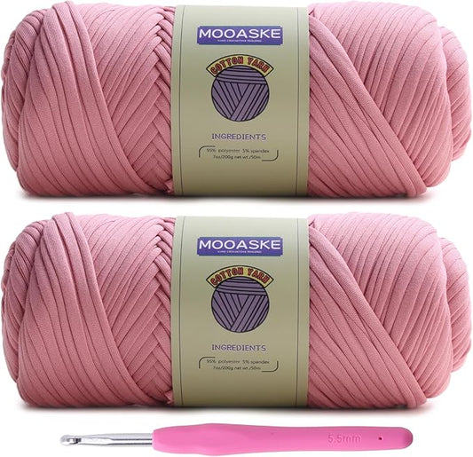 2 Pack T-Shirt Crochet Yarn for DIY Knitting Crochet Cloth Blanket Bag Dolls - 400g Chunky Thick Yarn for Crocheting with Polyester-Spandex Blend Elastic Fabric (Light Pink)