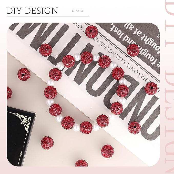 200 pcs dark red rhinestone beads for jewelry making, sparkle crystal clay christmas for bracelet baseball necklace earring crafting and diy, shiny round shamballa disco ball beads bulk