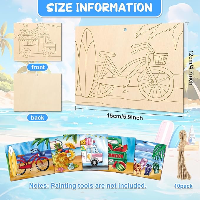 COCHIE 10 Pieces Large Summer Unfinished Wood Crafts to Paint for Adults, Bulk Predrilled Wooden Ornaments for Painting, Beach Pattern Paintable Wood Slices Craft Supplies with Ropes