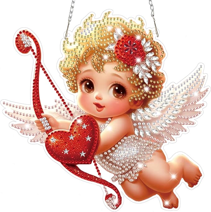Bowetile Valentine's Day Diamond Art Hanging Kits for Adults, Diamond Art Suncatchers Cupid, 5D Special Shape Diamond Painting Love Pendant Window Ornament Gifts for Home Door Wall Decor
