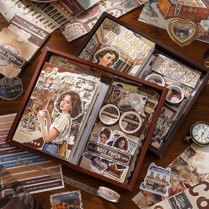 Scrapbooking Supplies Kit, Coffee Aesthetic Vintage Scrapbook Kit for Bullet Junk Journal A6 Grid Notebook Stationary Journaling Supplies DIY Craft Birthday Holiday Gifts for Women Kid Teen Girl