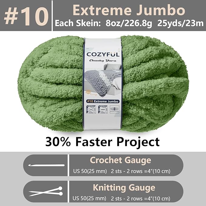 Chunky Yarn for Hand Knitting - #10 Chunky Chenille Yarn, Jumbo Big Thick Chunky Yarns for Crocheting, Super Bulky Chunky Knit Blanket Yarns, 8 Skein (25 yds 8 oz Each Skein), Smoky Green