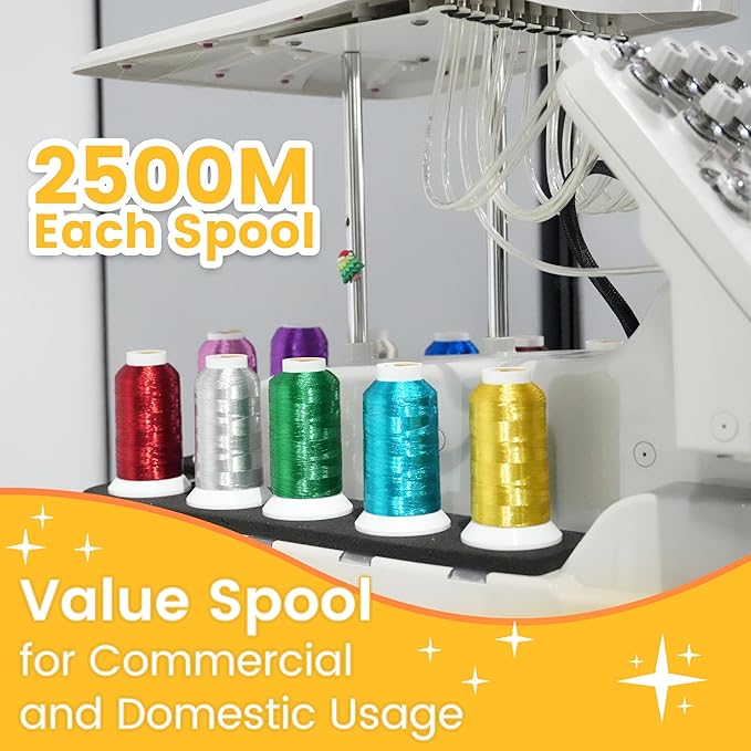 New brothread 12 Assorted Colors Metallic Embroidery Machine Thread Kit 2500M (2735Y) Each Spool for Commercial and Domestic Embroidery Machines