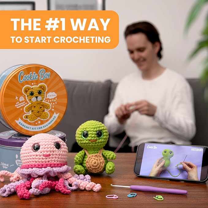 Cookie Box Original Crochet Kit for Beginners – Gift Set to Make Bear Bruno Amigurumi Plushie – Easy DIY Crochet & Knitting Starter Kit with Video and PDF Tutorials