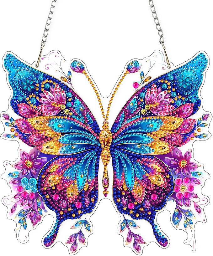 Lxmsja DIY Butterfly Diamond Painting Hanging Ornament, Double-Sided Acrylic Glitter Flowers Diamond Art Kit, Special Shaped Suncatcher Hanging Pendant Window Art Kit 8x8 inch