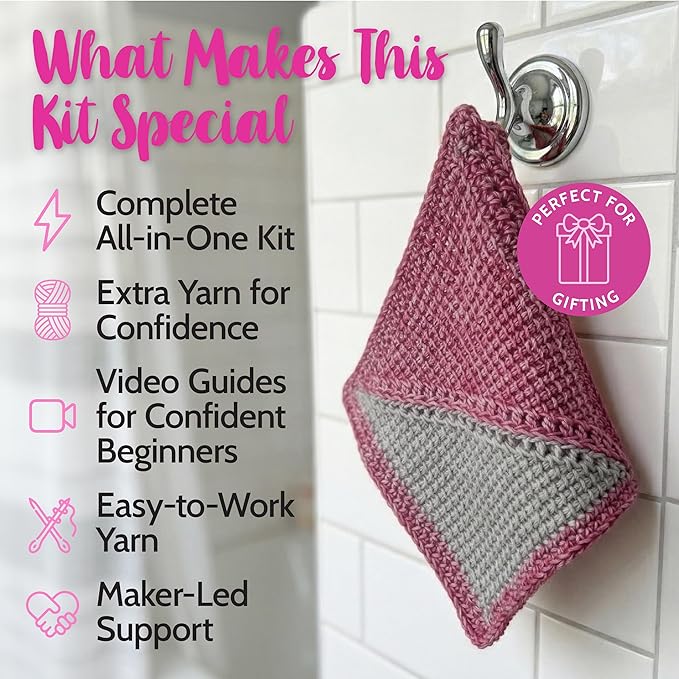 KnitPal Everyday Joy Tunisian Crochet Dishcloth Kit for Confident Beginners – Make 4 Reusable Dishcloths – Cotton Yarn, Tunisian Crochet Hook, 2 Patterns & Video Tutorials (Cherry Red + Elephant Gray)