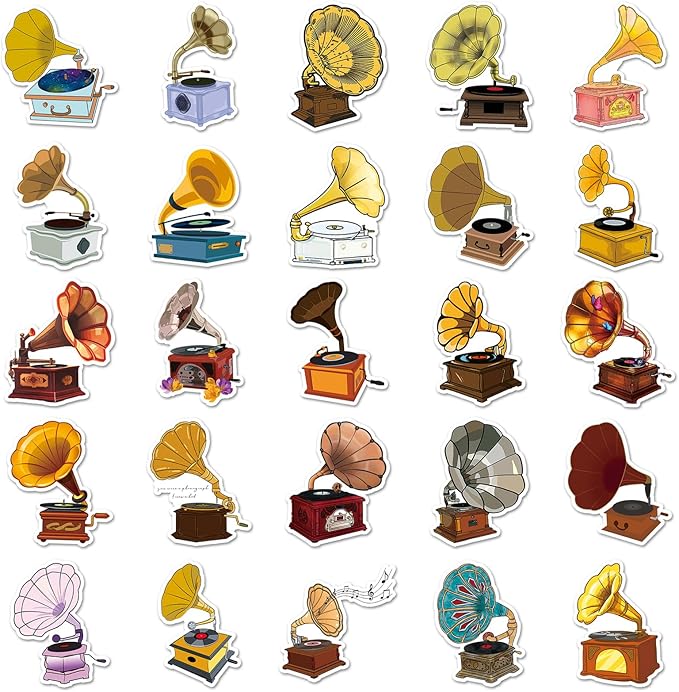 Retro Phonograph Stickers for Scrapbooking,50 Pcs Vintage Phonograph Decals, Waterproof Vinyl Stickers for Journals, Laptops, Home Decor, Ideal for Music Lovers Adults
