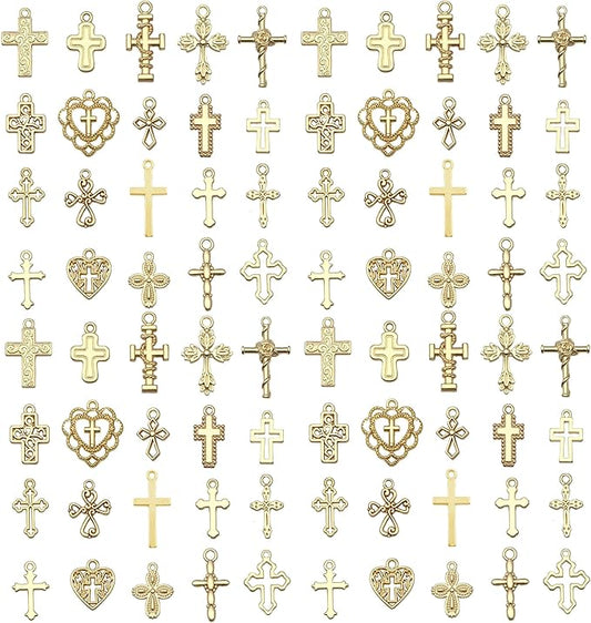 WOCRAFT 60pcs KC Gold Cross Bracelet Charms for Jewelry Making Sets DIY Necklace Bracelet Keychain Crafting Charms Kit Craft Supplies (SN908)