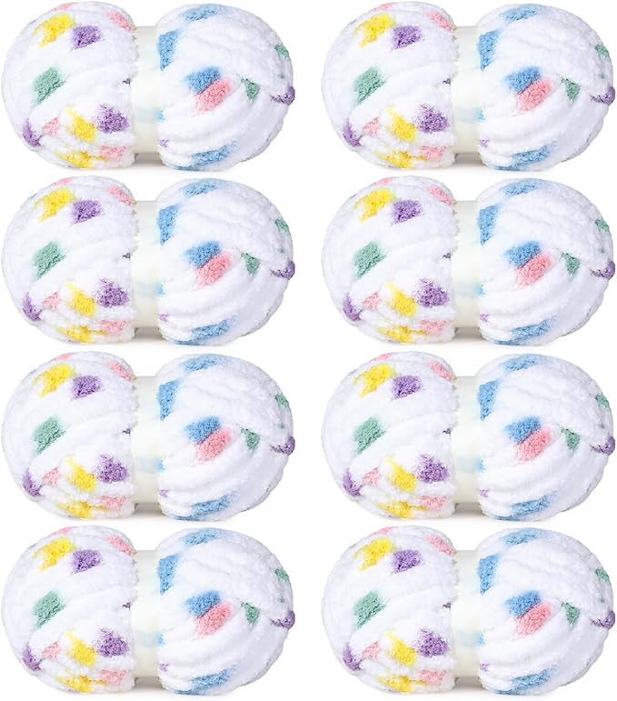 HOMBYS Chunky Tie Dye Mix Chenille Yarn for Hand Knitting, Super Bulky Jumbo Yarn for Crocheting, 3/4" Thick Soft Plush Yarn for Blankets, 8 Skein Pack (26 yds / 7.5 oz Each) Rainbow White
