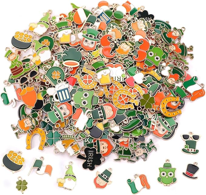 SANNIX 350pcs St. Patrick's Day Charms, Shamrock Charms for Jewelry Making - Green Hat Beer Gnome Irish Enamel Pendants for DIY Crafts Bracelets Necklaces Earrings Making Supplies