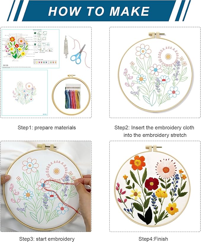 Zhenqing Floral Embroidery Kit for Beginners - Complete Set with Pre-Printed 29x29cm Cotton Fabric, Hoop, Threads & Tools (C0125)