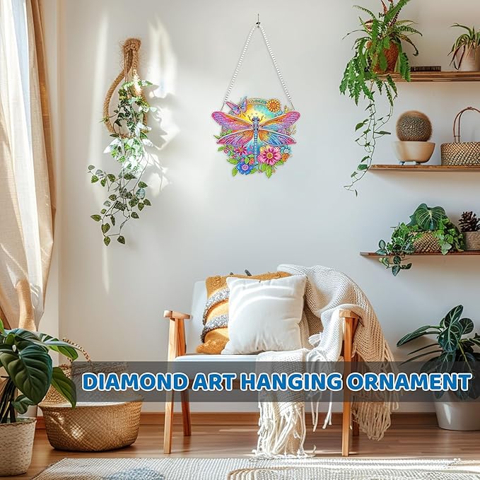 MEIYUDA Dragonfly Diamond Painting Pendant Kits, DIY Flowers Diamond Art Window Hanging Ornament for Adults, 5D Special Shape Rhinestone Pendant for Home Decoration