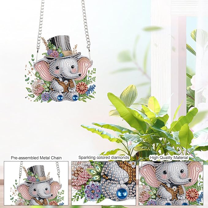 Tontut 5D DIY Diamond Art Painting Pendant kit, hat Elephant Special-Shaped Hanging Crystal Window Pendant kit, Adult Gift Home Curtains, Yard Door Decoration