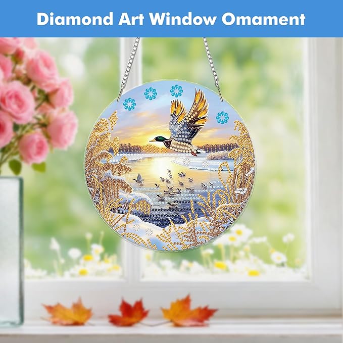 Miwixy Mallard Hanging Diamond Art Kits for Adults,Lakeside Duck Special Shaped Crystal Christmas Diamond Painting Ornament Kit DIY Double-Sided Pattern Window Pendant Gem Art Kit for Home Wall Decor