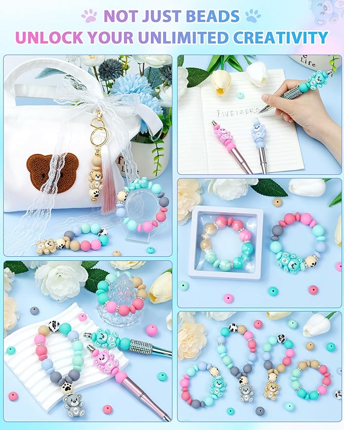 124PCS FIVEIZERO Silicone Focal Beads for Keychain Making, Animal Bear, 15mm Round 12mm Lentil & 10mm Rhinestone Beads for Pens, Bracelets & Crafts with Elastic Cord & Scissors