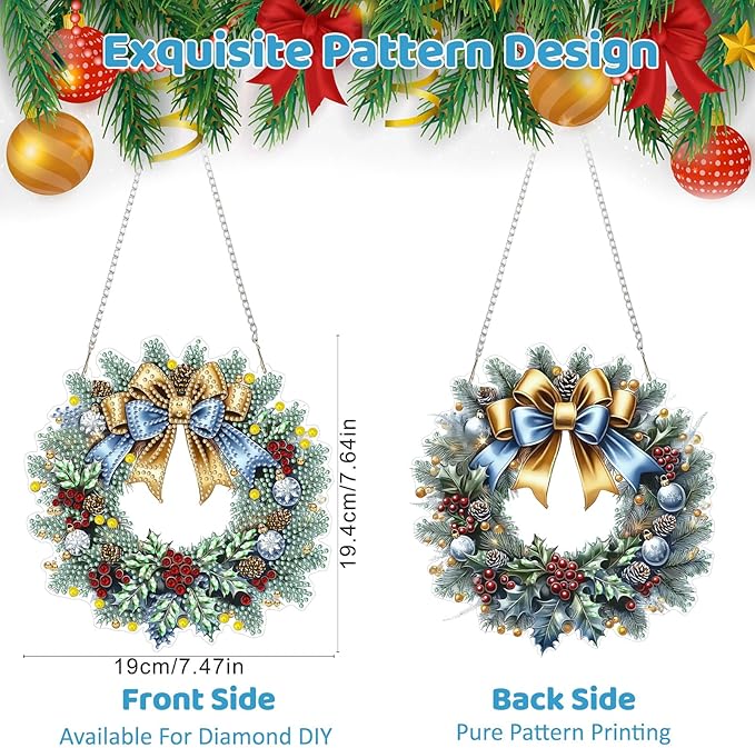 MEIYUDA Christmas Diamond Art Hanging Kits for Adult, Winter Wreath Diamond Painting Hanging Kits Ornaments, DIY Special Shaped Rhinestone Window Pendants kit for Home Garden Wall Decor Gift