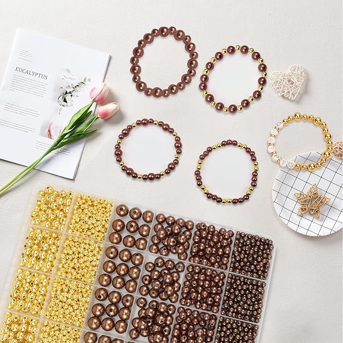 2116 PCS Pearl Beads for Bracelet Making Kit Gold Beads for Jewelry Making Kit Gold Small Spacer Bead Brown Pearl Bead for Crafting Charms Necklace Earrings DIY Craft for Women Adult
