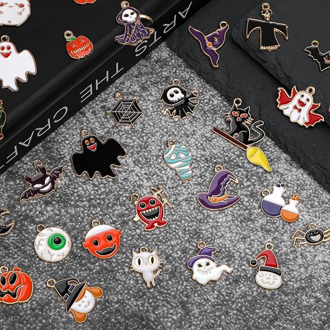 SANNIX 350Pcs Halloween Charms - Gold Enamel Pumpkin, Ghost, Skeleton, Bat, Witch for Jewelry Making Bracelets, Necklaces, Earrings, Craft Making